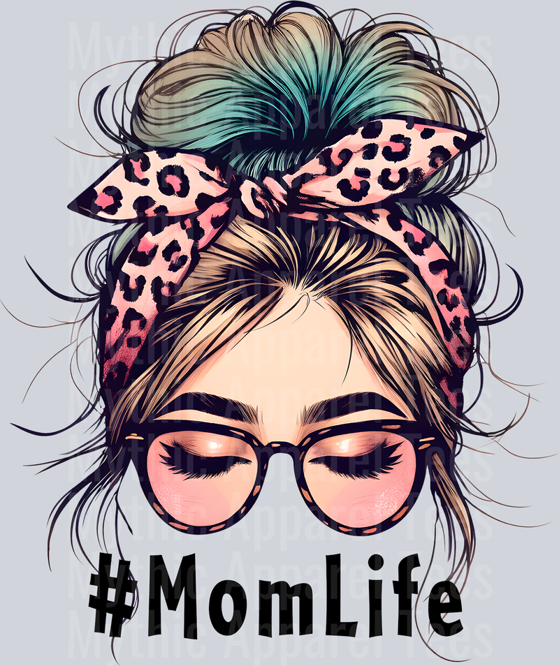 mom life messy bun sassy pink leopard print hashtag DTF MOM Transfers