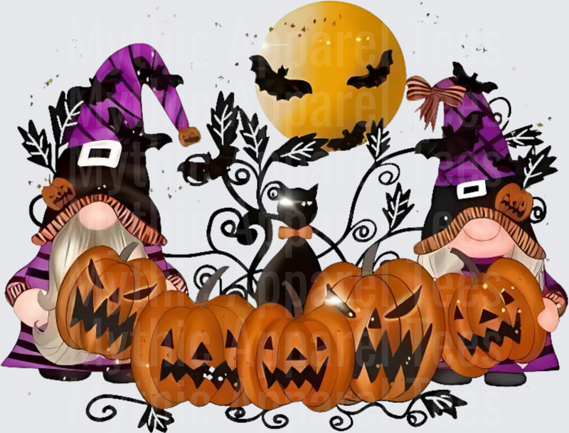 Halloween Witch Gnomes with Jack-O-Lanterns Black Cat Full Moon and Bats