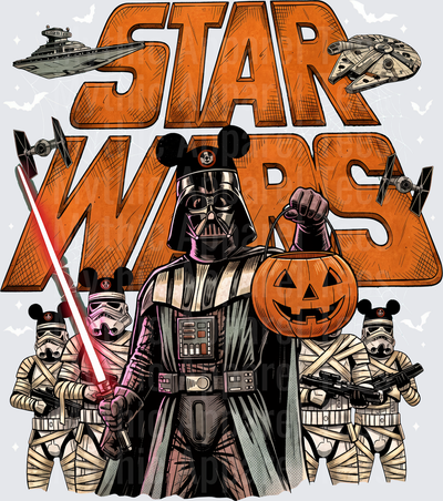 Star Wars Halloween Darth Vader With Mickey Ears Holding Jack-O-Lantern Bucket With Mummy Stormtroopers TIE Fighters Millennium Falcon Imperial Star Destroyer