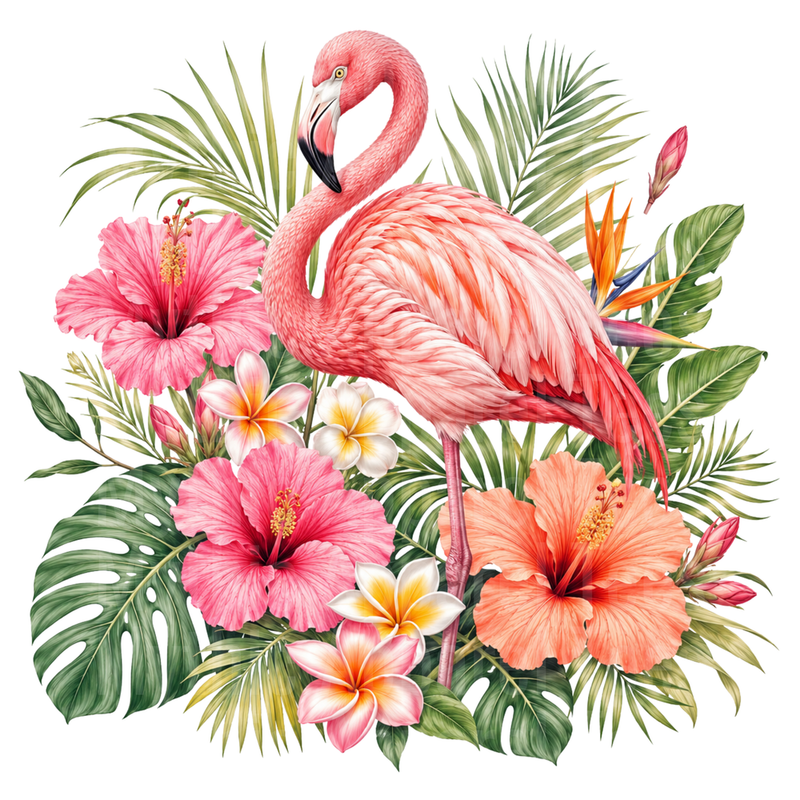 Flamingos Pink Tropical Hibiscus Plumeria Palm Leaf Bouquet