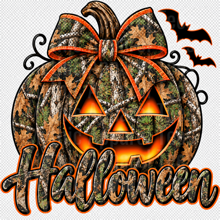 Halloween Camo Jack-O-Lantern with Orange Bow and Flying Bats