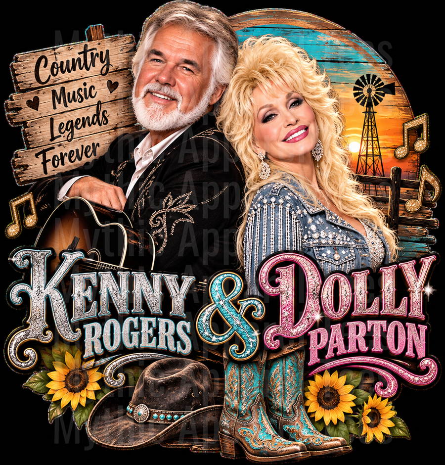 Kenny Rogers & Dolly Parton Country Music Legends Forever Western Sunset Sunflowers Cowboy Hat Boots Design