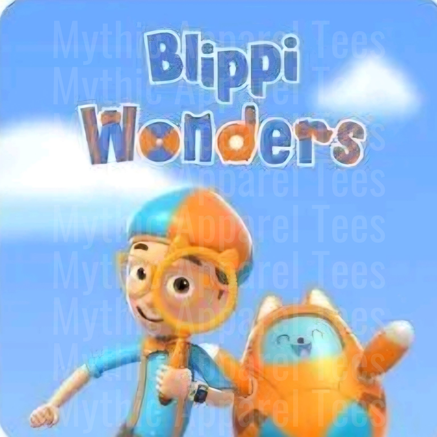 Blippi Wonders Animated Blippi Character and Fuzzy Friend Blue Sky Clouds Logo Design