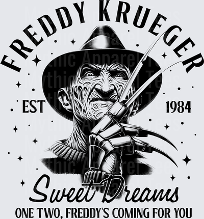 Freddy Krueger Est 1984 Sweet Dreams One Two Freddy's Coming For You A Nightmare On Elm Street Horror Portrait with Razor Glove Black and White Graphic