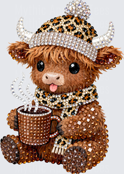 Cute Rhinestone Highland Cow Wearing Leopard Print Beanie Holding Hot Coffee Mug with Diamond Gem Embellishments