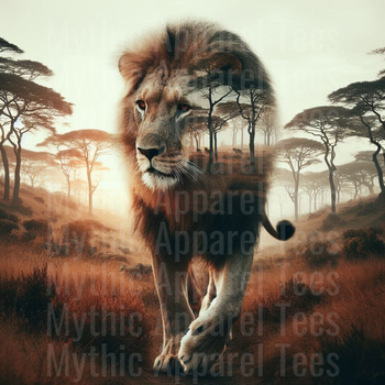 Majestic Male Lion Walking Through African Savanna Double Exposure with Acacia Trees at Sunrise