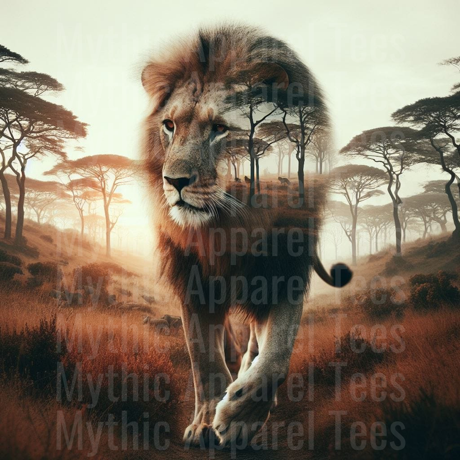 Majestic Male Lion Walking Through African Savanna Double Exposure with Acacia Trees at Sunrise