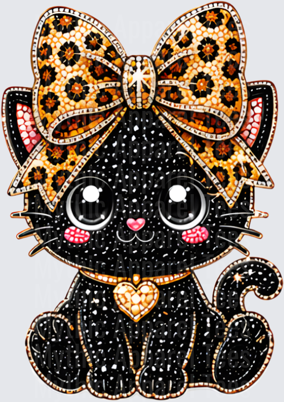 Halloween Bling Bejeweled Black Kitten with Leopard Print Bow and Gold Heart Pendant Diamond Art Style Design
