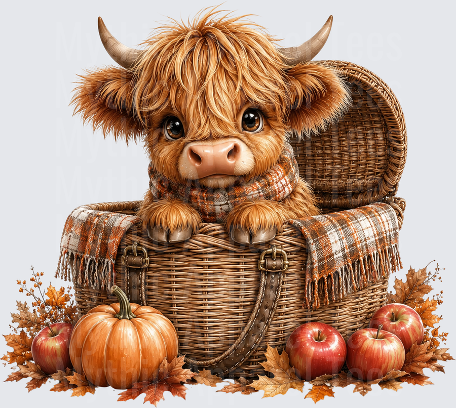 Cute Baby Highland Cow in Wicker Basket with Plaid Scarf Autumn Pumpkins and Apples Fall Harvest