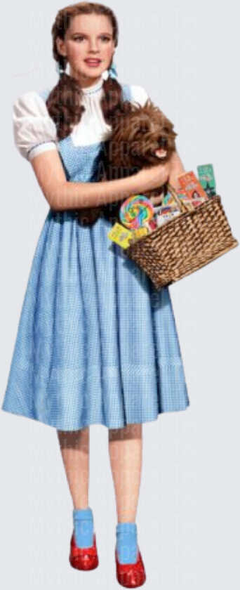 Dorothy Gale Blue Gingham Dress Ruby Slippers Holding Toto and Candy Easter Basket Wizard of Oz