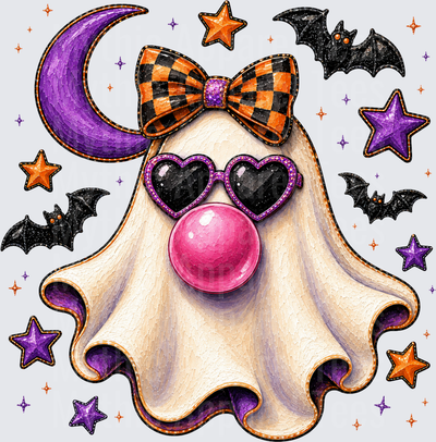 Halloween Cute Ghost Blowing Pink Bubblegum with Heart Sunglasses Orange Black Checkered Bow Purple Moon Bats and Stars