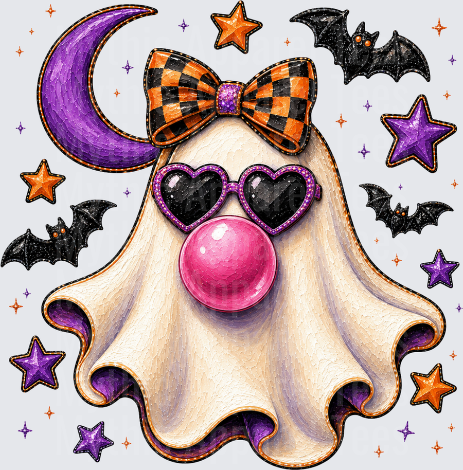 Halloween Cute Ghost Blowing Pink Bubblegum with Heart Sunglasses Orange Black Checkered Bow Purple Moon Bats and Stars