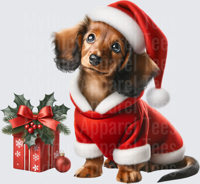 Adorable Dachshund Puppy in Santa Suit with Christmas Gift Box and Holly