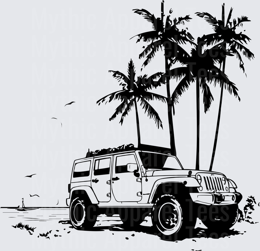 Off Road Jeep Wrangler Parked on Beach with Palm Trees