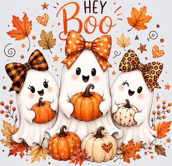 Hey Boo Three Cute Ghosts with Bow Ties Holding Pumpkins Fall Autumn Leaves Halloween