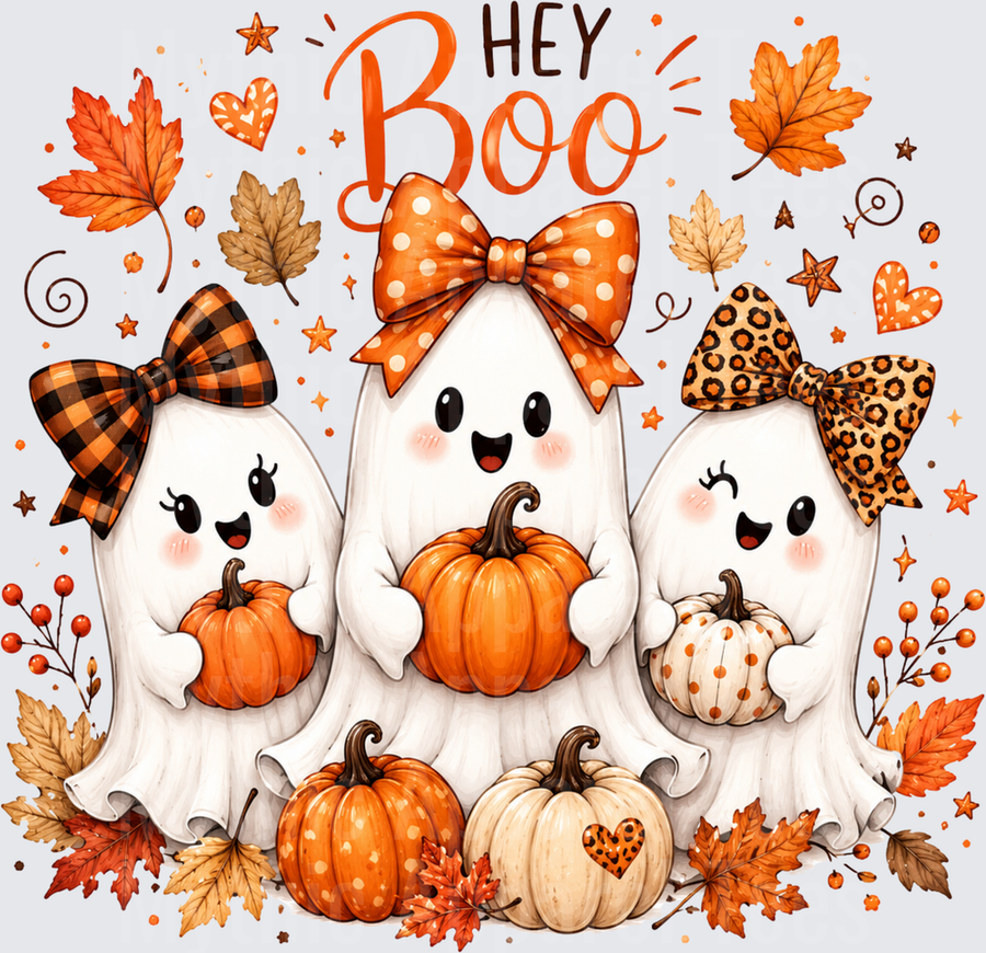 Hey Boo Three Cute Ghosts with Bow Ties Holding Pumpkins Fall Autumn Leaves Halloween