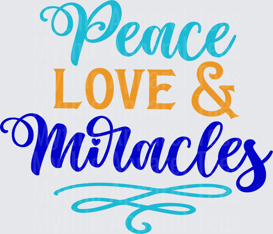 Peace Love and Miracles Teal Gold Navy Blue Inspirational Script Lettering with Decorative Flourish