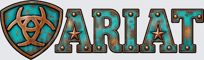 Ariat Turquoise and Copper Rustic Metal Biohazard Shield Logo with Bronze Star Accents and Studded Lettering