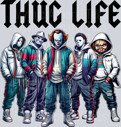Black Letters Straight Chucky THUG LIFE Freddy Krueger Jason Vorhees Michael Myers Pennywise Gangster Pose Horror Movie DTF Thug Life Transfers