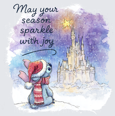 Stitch Wearing Santa Hat and Red Scarf Gazing at Cinderella Castle in Snow May Your Season Sparkle With Joy Watercolor Christmas