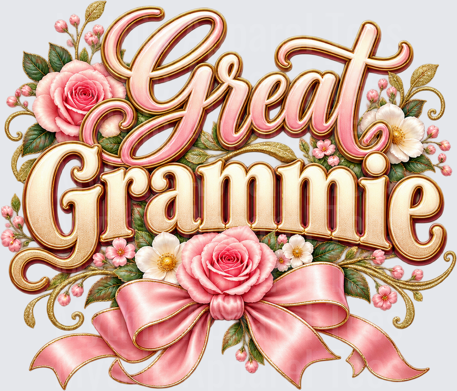 Great Grammie Pink and Gold Floral Script with Roses and Satin Bow