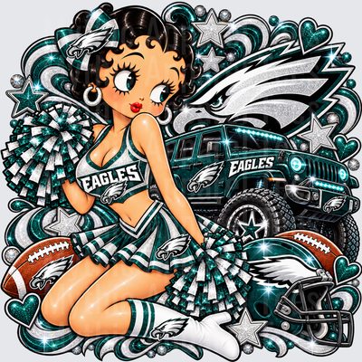 Betty Boop Philadelphia Eagles Cheerleader with Glitter Jeep Football Helmet and Pom Poms Sparkle Fan Design