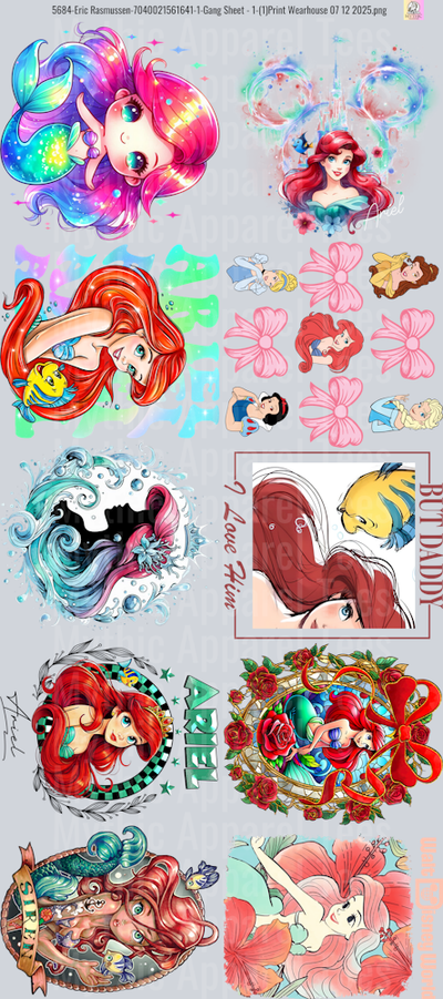 Ariel Disney Princess GANG SHEET 10 FULL SIZE IMAGES