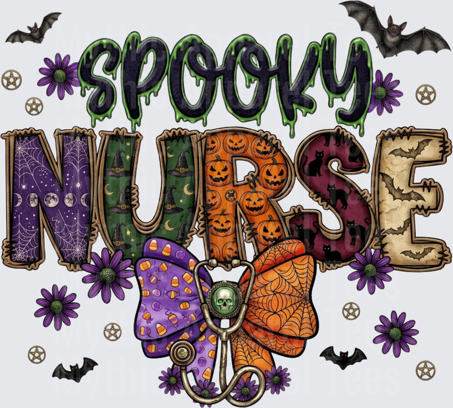 Spooky Nurse Halloween Stethoscope Bow Pumpkin Witch Hat Black Cat Bat Purple Daisy Dripping Slime Letter Design