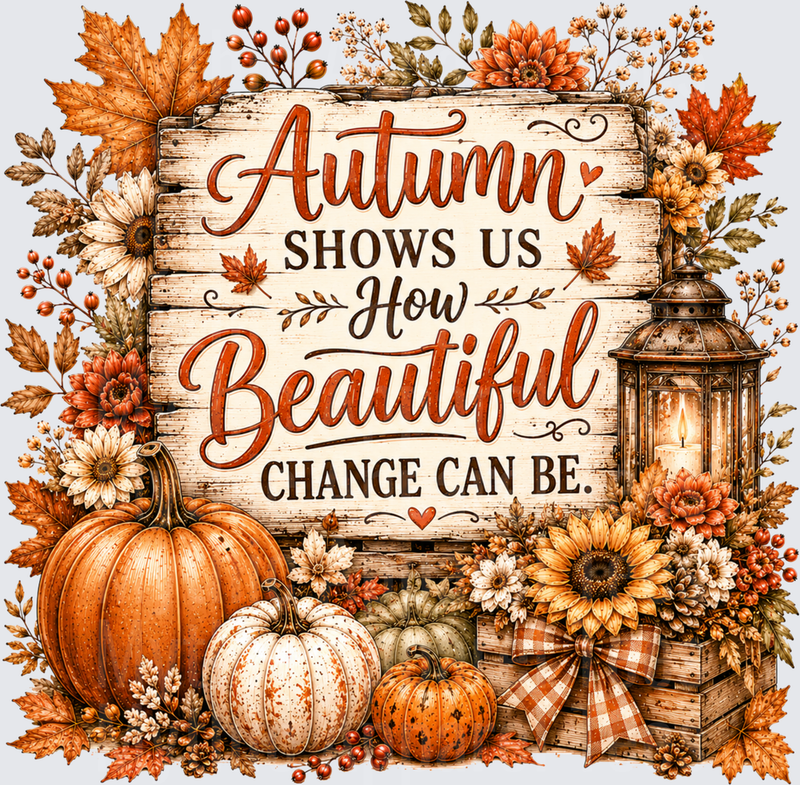 Autumn Shows Us How Beautiful Change Can Be Rustic Wooden Sign Pumpkins Sunflowers Lantern Fall Leaves Floral Farmhouse