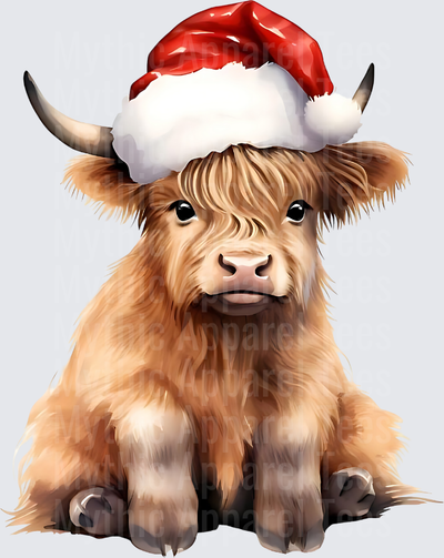 Highland Christmas Cow Baby Calf Sitting in Santa Hat