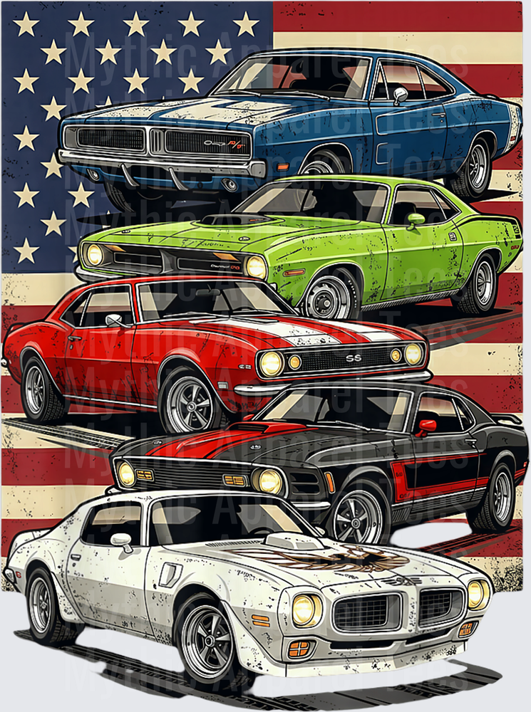 Patriotic American Flag Retro Muscle Old Car Guy Cars Lover T-Shirt