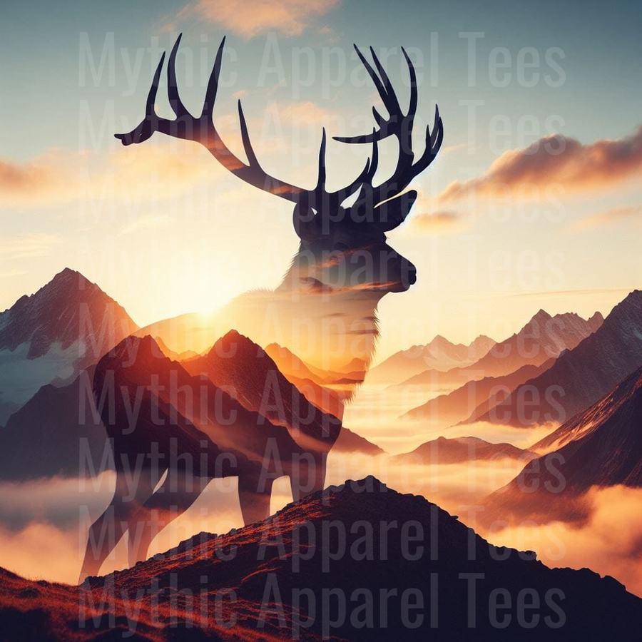 Double Exposure Bull Elk Silhouette Mountain Sunset Foggy Alpine Landscape