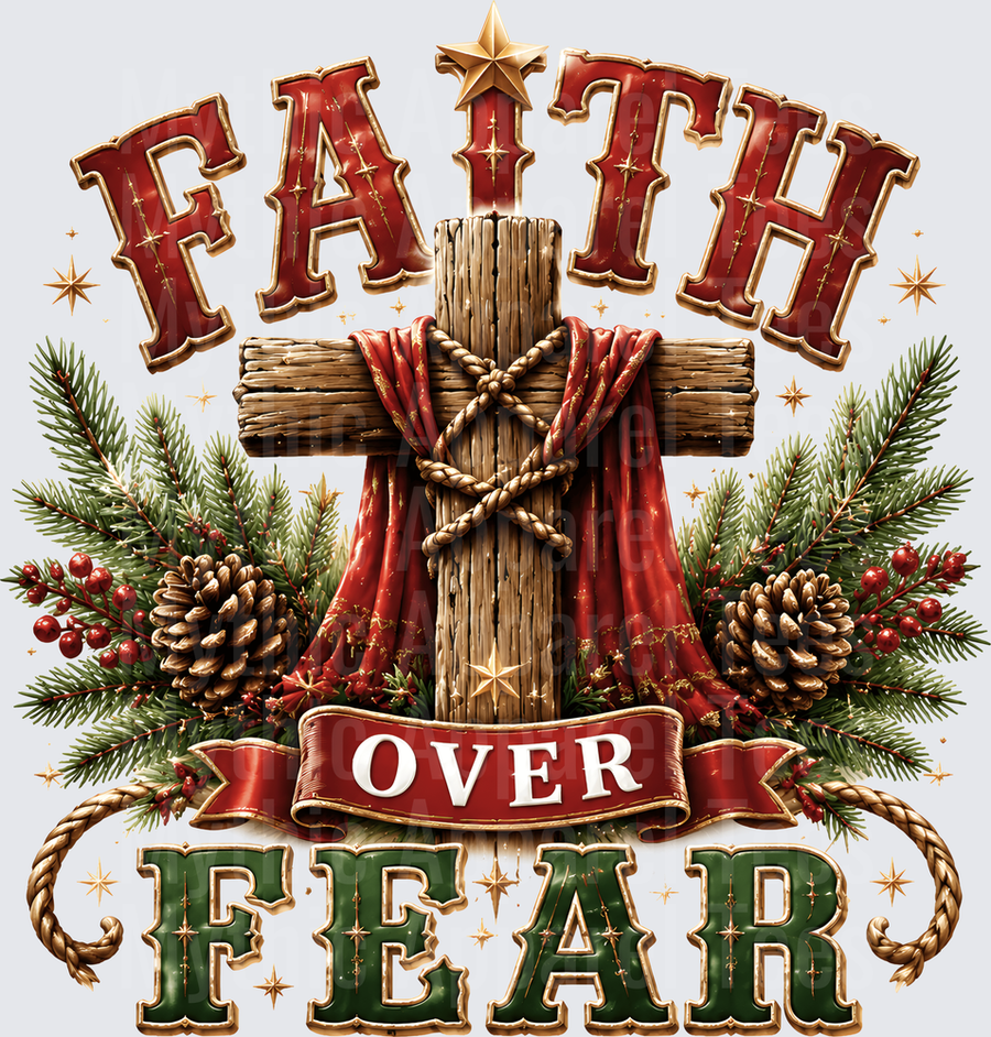Faith Over Fear Christmas Wooden Cross with Red Drape Pine Branches and Gold Star