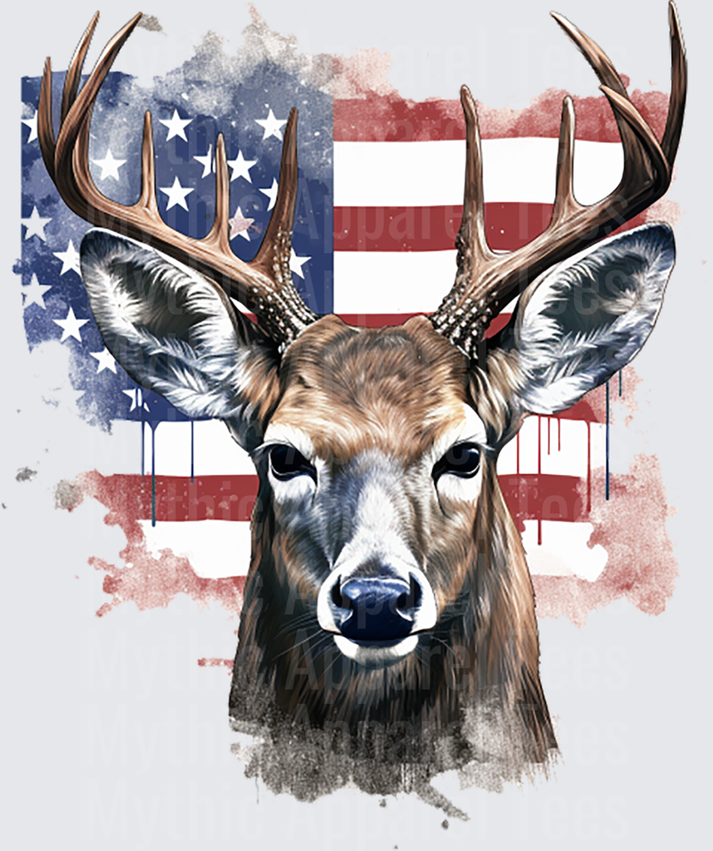 Patriotic Whitetail Buck Portrait with Distressed American Flag Watercolor Drip Background