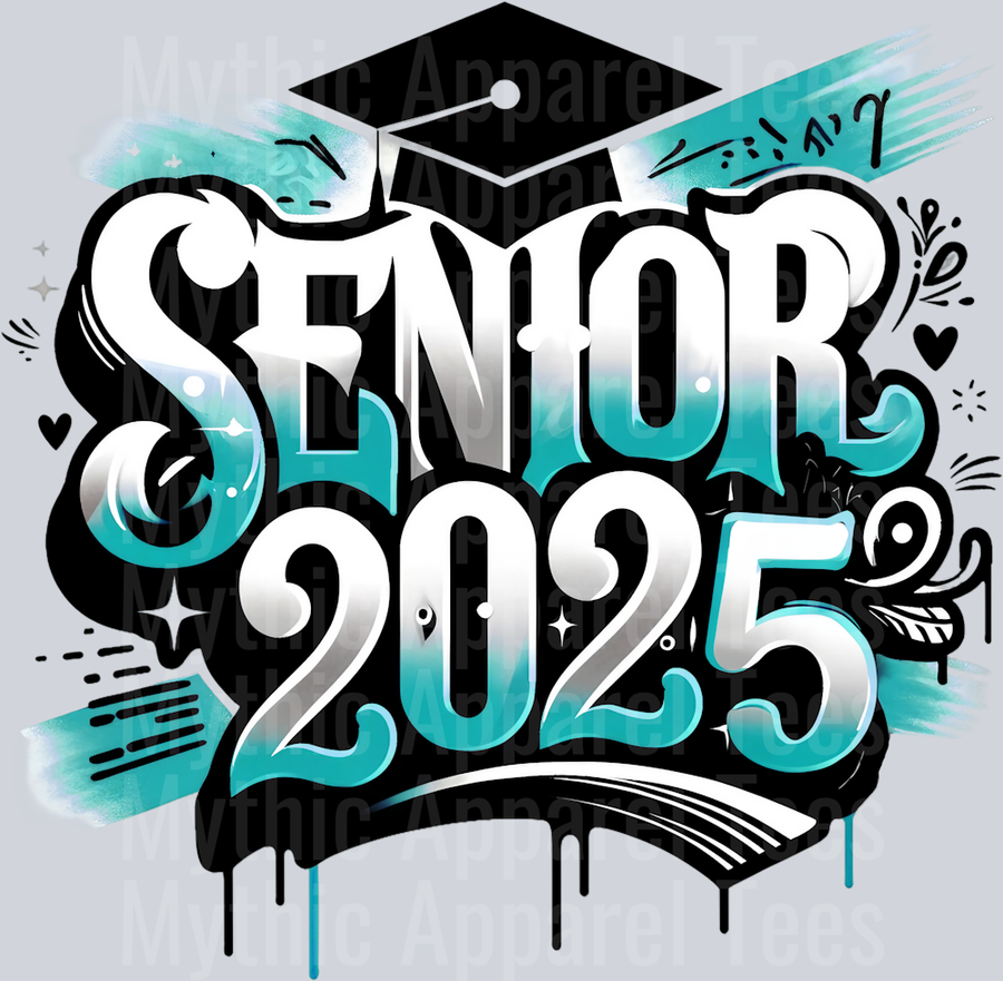 0035 Senior 2025 Airburshed Teal and Black 1 DTF 2025 Senior Graduation Transfers