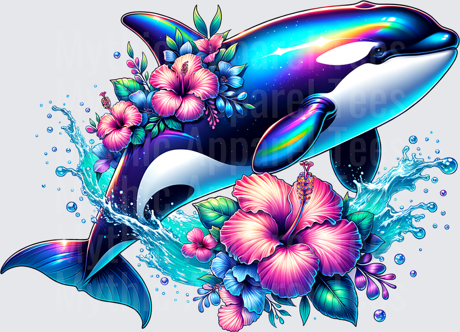 Ocean Animals Rainbow Orca Killer Whale Hibiscus Floral Splash