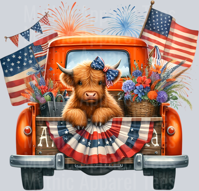 Bright Orange Truck with 2 American Flags DTF Patriotic Highland Cow Transfers