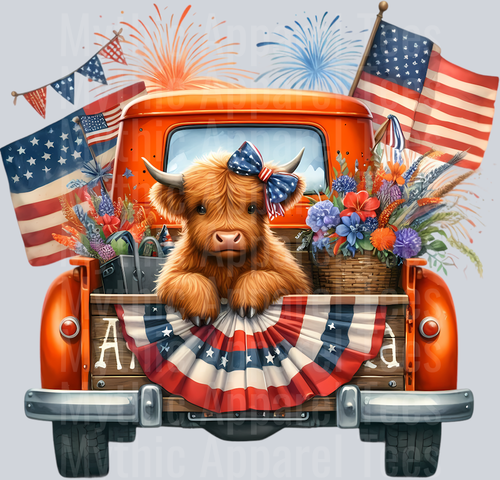 Bright Orange Truck with 2 American Flags DTF Patriotic Highland Cow Transfers