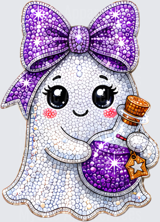Halloween Bling Cute Ghost Girl with Purple Bow and Sparkling Potion Bottle Diamond Art Style Design
