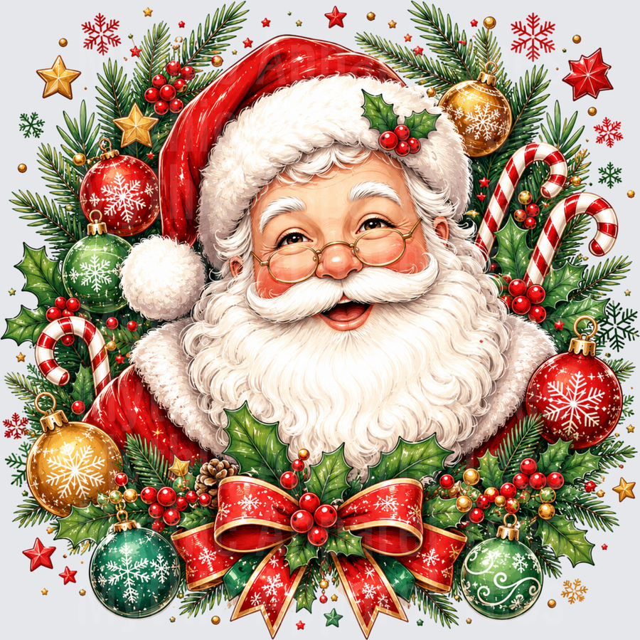 Jolly Santa Claus Face Surrounded by Christmas Wreath Holly Ornaments Candy Canes and Red Bow