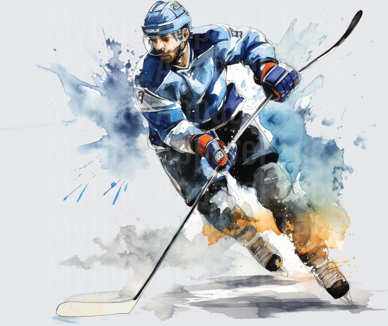 Ice Hockey Player Watercolor Splash Blue Jersey Action