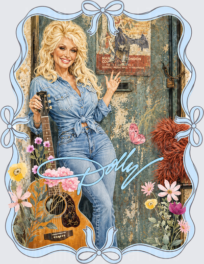 Dolly Parton Denim Outfit Acoustic Guitar Floral Butterfly Nashville Sign Blue Bow Frame Signature Graphic Design