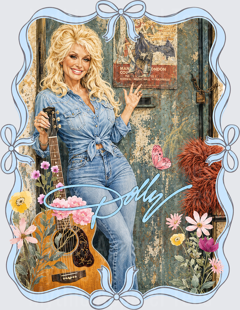 Dolly Parton Denim Outfit Acoustic Guitar Floral Butterfly Nashville Sign Blue Bow Frame Signature Graphic Design