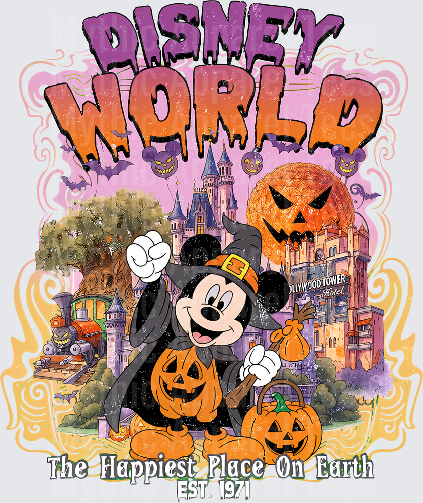 Disney World Halloween Mickey Mouse Witch Costume Jack-O-Lanterns Cinderella Castle Epcot Spaceship Earth Tower of Terror The Happiest Place On Earth Est 1971