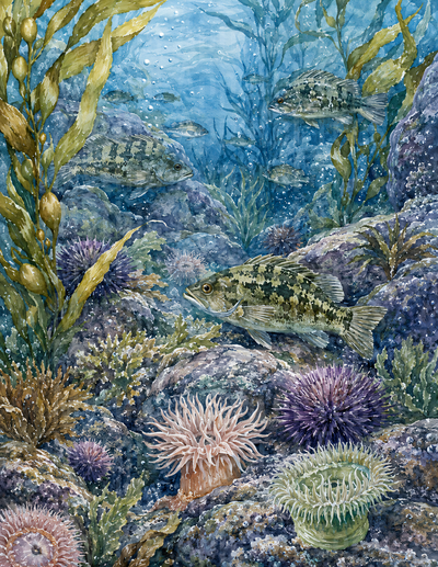 Ocean Animals Kelp Forest Rockfish Reef Watercolor Painting