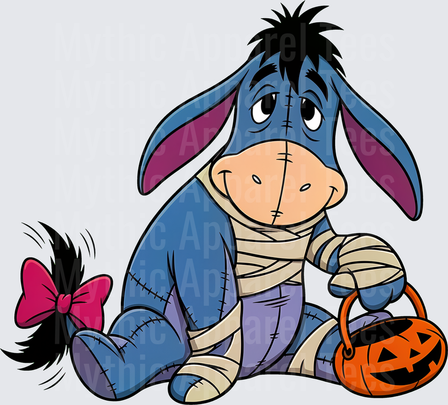 Eeyore Halloween Mummy Costume with Jack-O-Lantern Trick or Treat Bucket and Pink Bow Tail