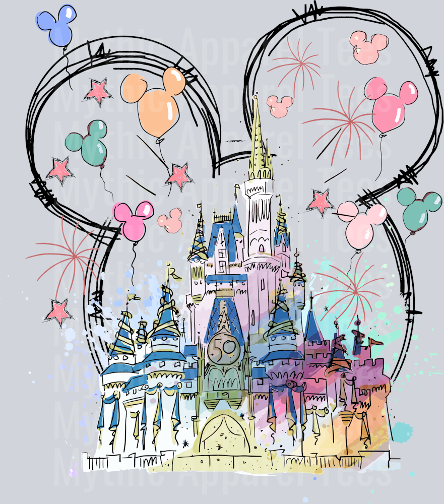Dark rainbow color castle with balloons and fireworks DTF Disney Castle Transfers
