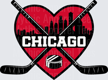 NHL Teams Chicago Hockey Heart Skyline Crossed Sticks Puck