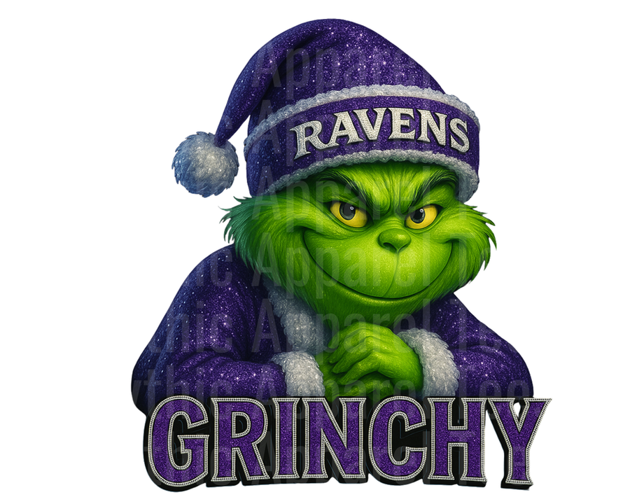 NFL Football Baltimore Ravens Grinchy Grinch Santa Hat Christmas Glitter Purple Design