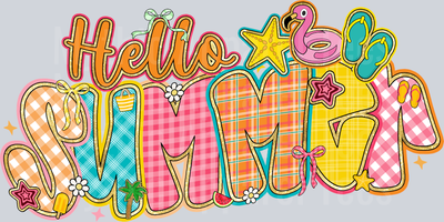 Preppy Hello Summer 2 with checkers and cute colors DTF Summer Transfers